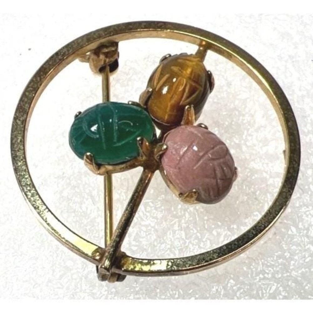 Ronci GF Scarab Brooch Circle Gemstones Egyptian‎ Revival Gold Tone Beetles